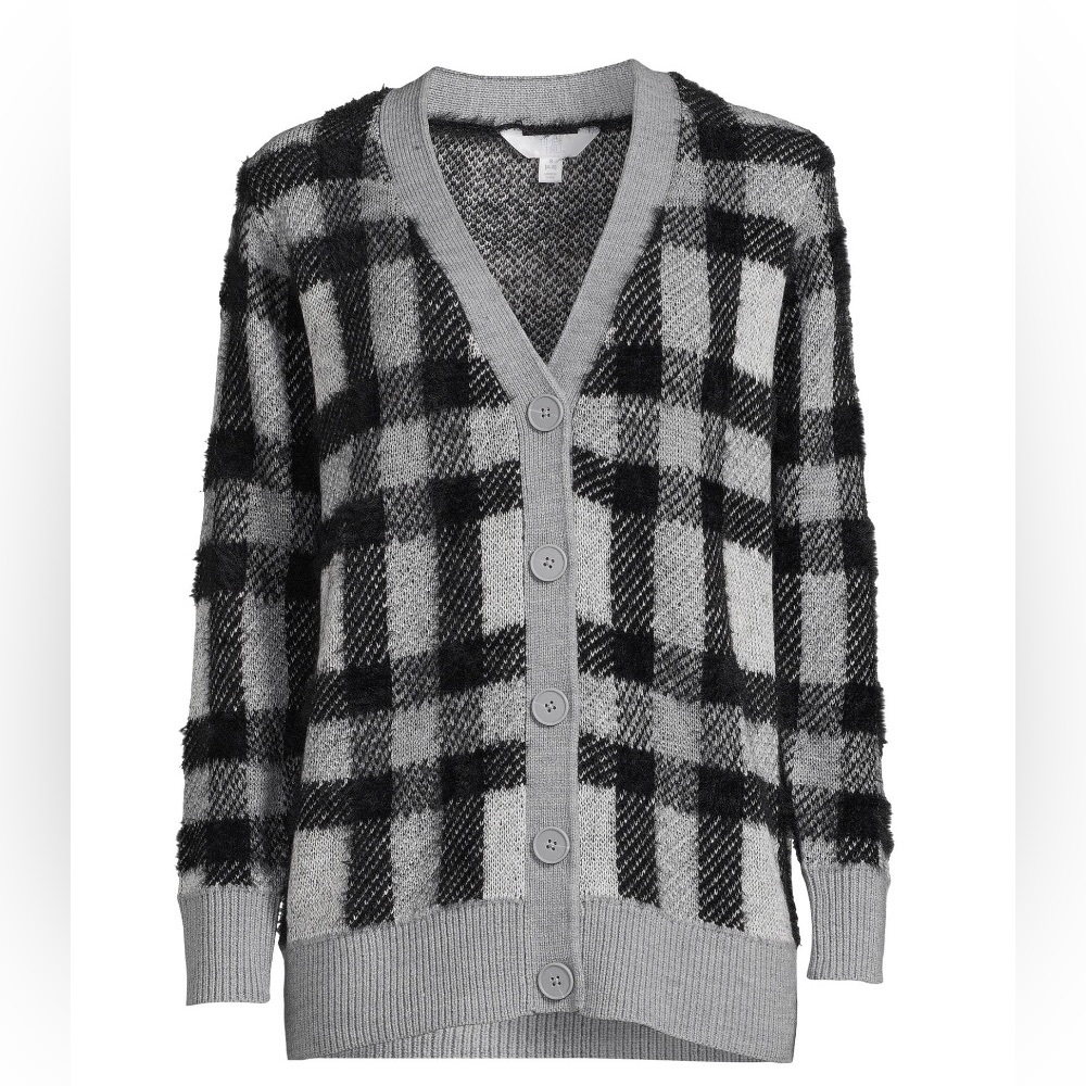 TIME and TRU Womens Cardigan Size Large 12-14 Eyelash Knit Grey Black New